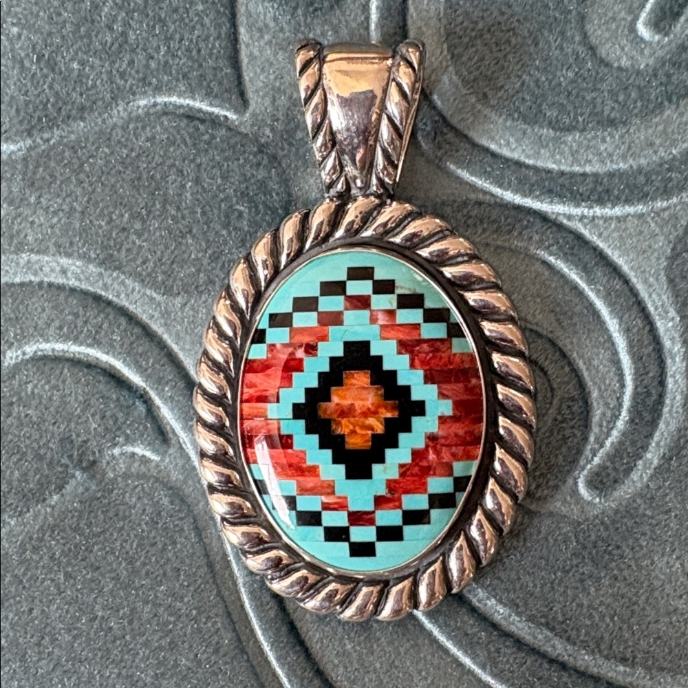 NWOT Carolyn Pollack / Sincerely Southwest Inlaid Silver/Turquoise/Black Pendant - Picture 2 of 13